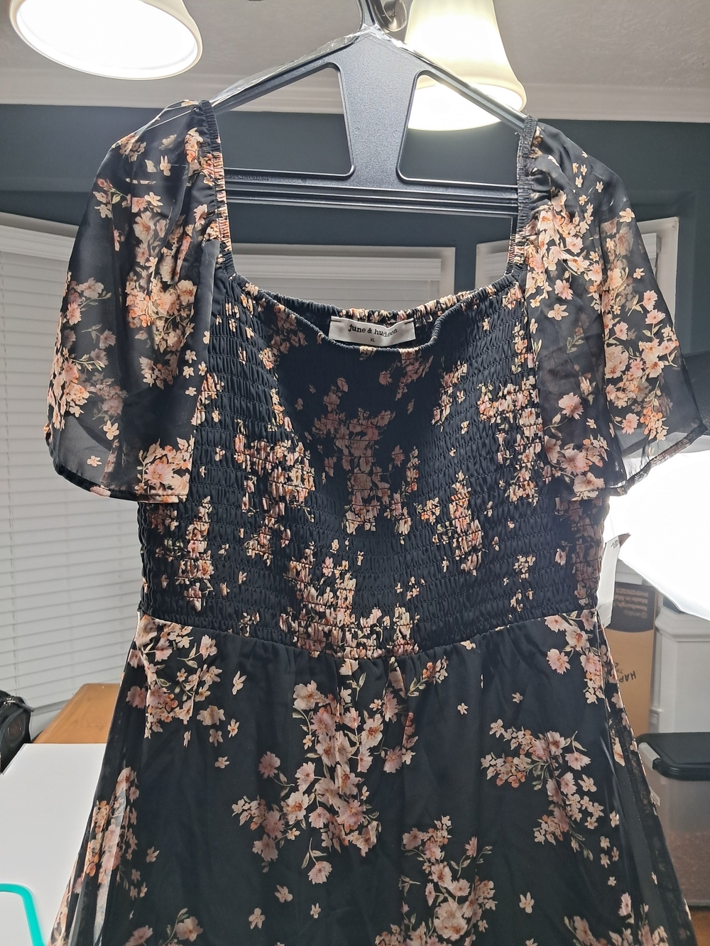june & hudson Black Floral Smocked Asymmetrical Dress with Blush Blossoms